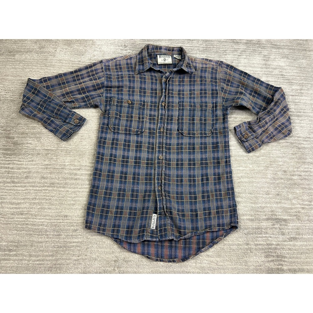 Bugle Boy Button Down Boys M 12/14 Blue Orange Plaid Textured Long Sleeve Shirt